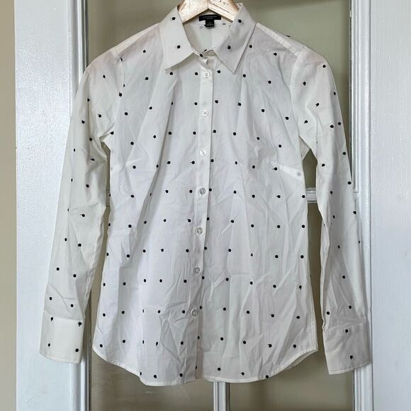 Ann Taylor petite white long sleeve black Polka dot button down shirt size 2P - Picture 2 of 9